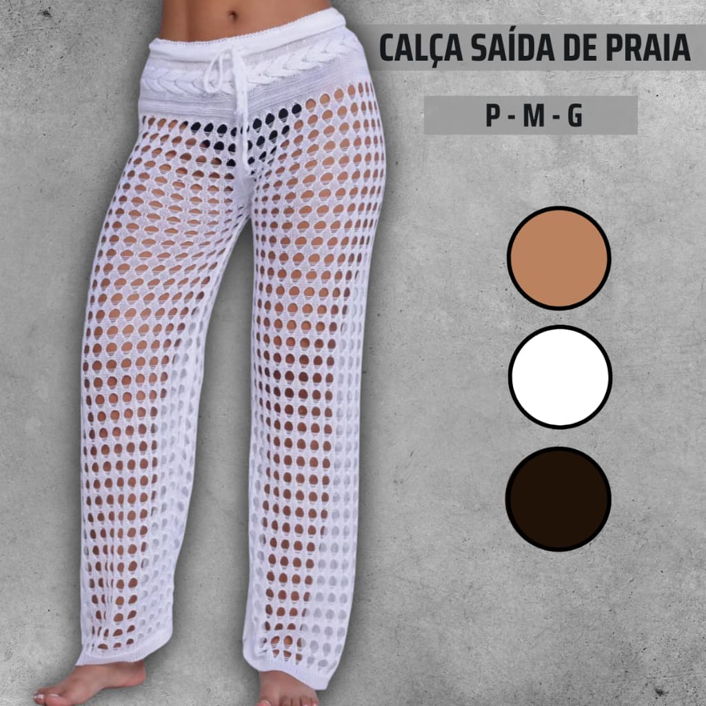 Calça Saída De Praia E Piscina Pantalona Folgadinha Tricot Crochê Moda Verão Feminina Cos Alto Com Cordão Tricô Banho