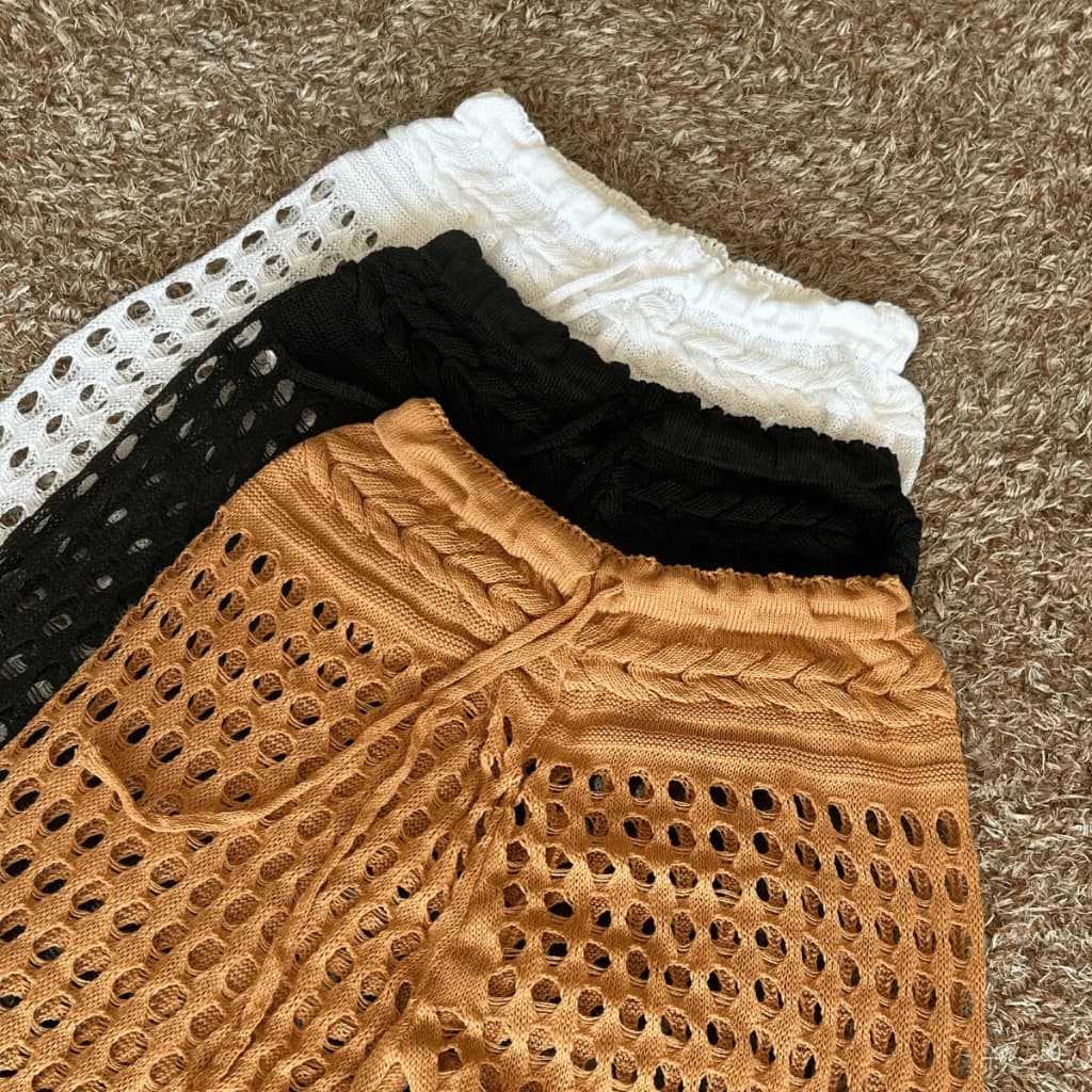 Calça Pantalona Saída De Praia E Piscina Folgadinha Tricot Crochê Feminina Moda Verão Cos Alto Com Cordão Tricô Banho