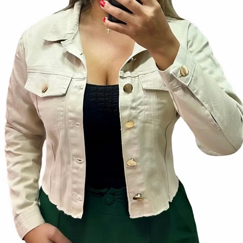 Jaqueta Jeans Bege Feminina Botões Dourados Linha Premium