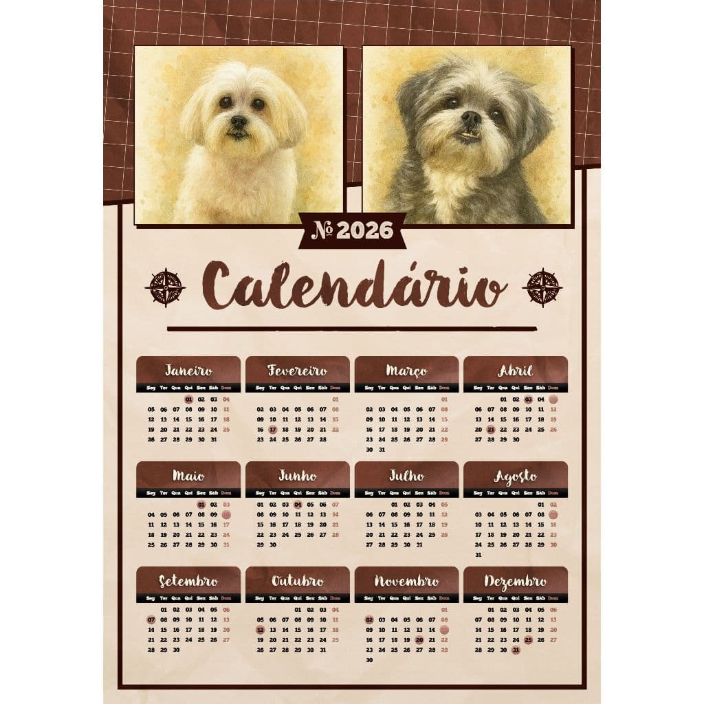 Moldura com Calendário 2026 com a foto do seu pet - Personalizado