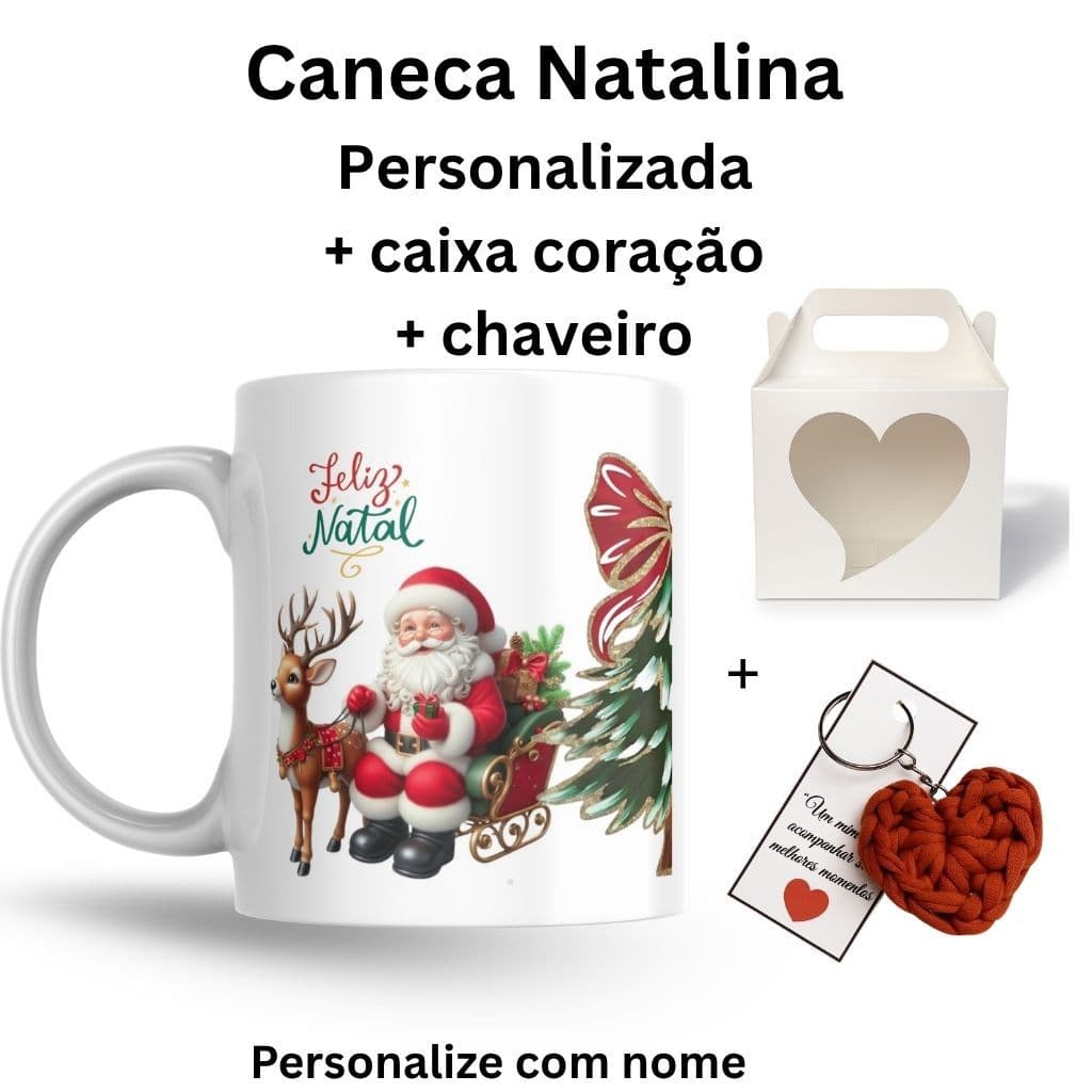 Kit Presente de Natal – Caneca Personalizada com Nome + Caixa Coração + Chaveiro /Natalino