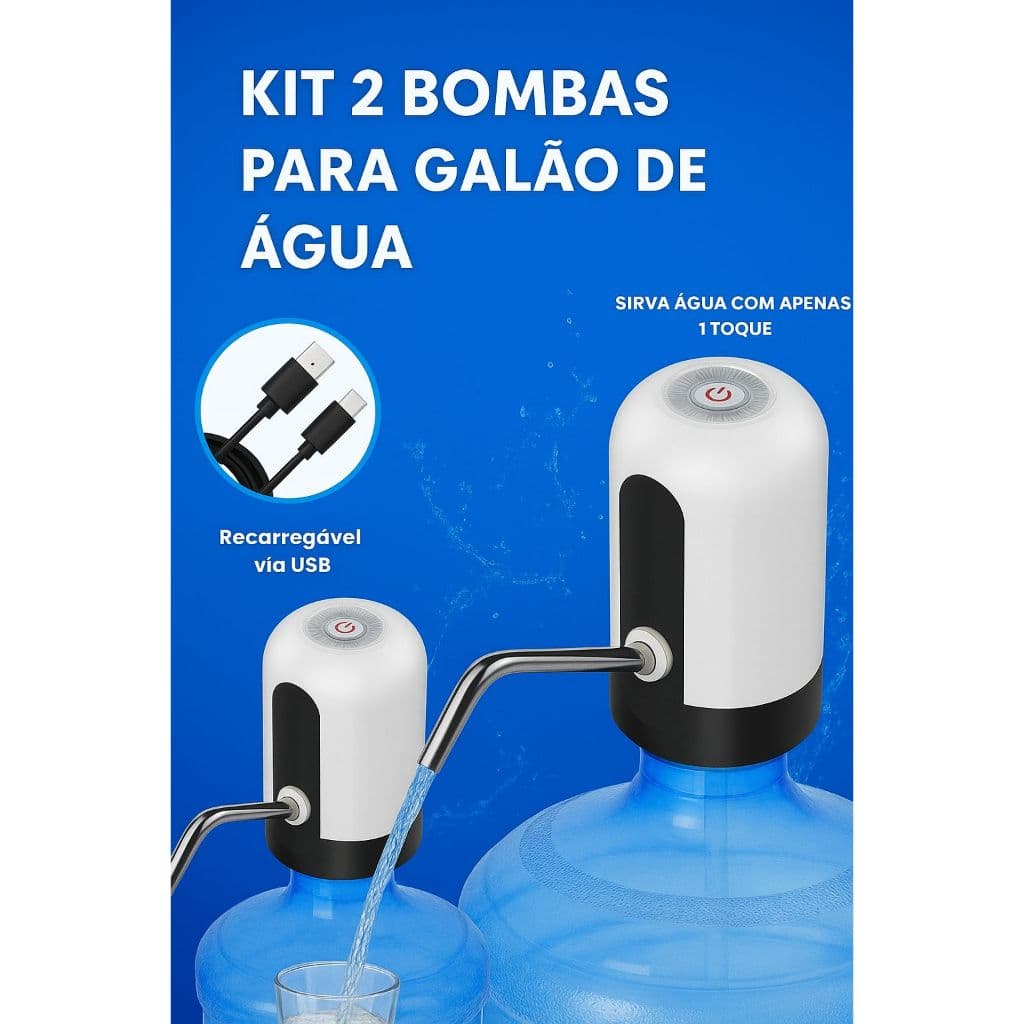 Kit 2 Bombas Elétricas automáticas Recarregáveis USB para Galão de Água Bebedouro Universal 20L