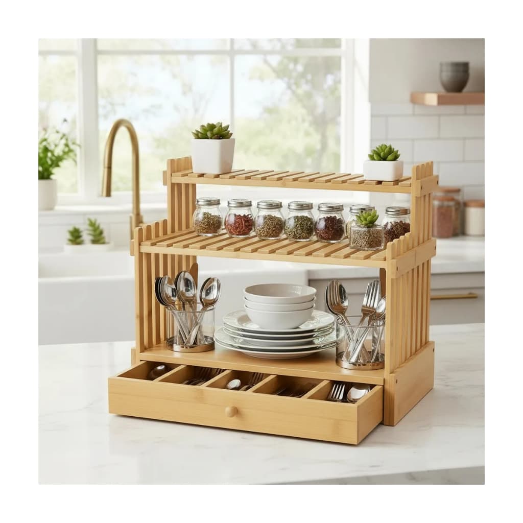 Prateleira Porta Temperos Bambu Ecoliven Com Gaveta Para Talheres Rack Organizador De Cozinha Estante Bancada