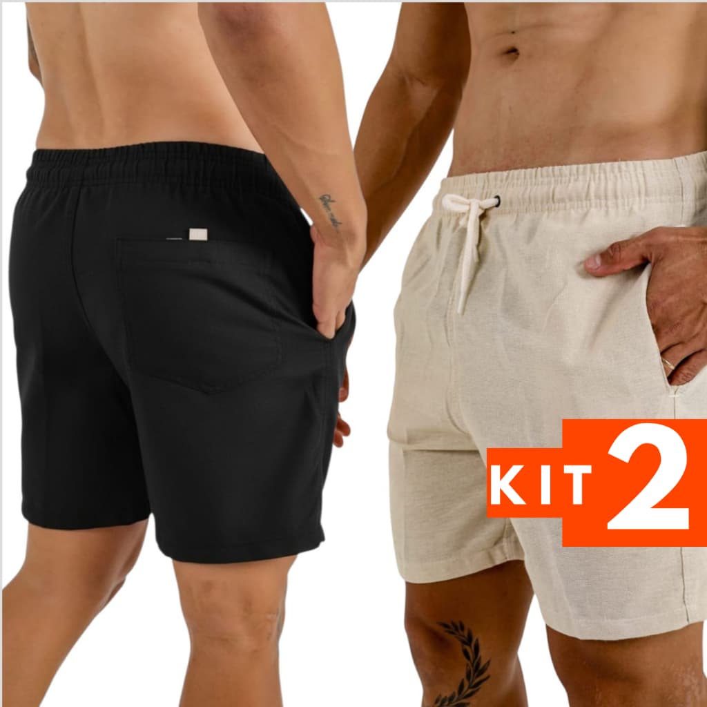 Kit 2 Shorts Linho Masculino sarja Mauricinho Premium - Bermuda em Linho moda Praia verão