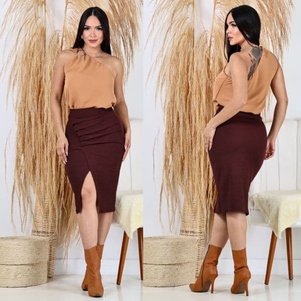 Saia Midi  Elegante devFenda Malha Anarruga