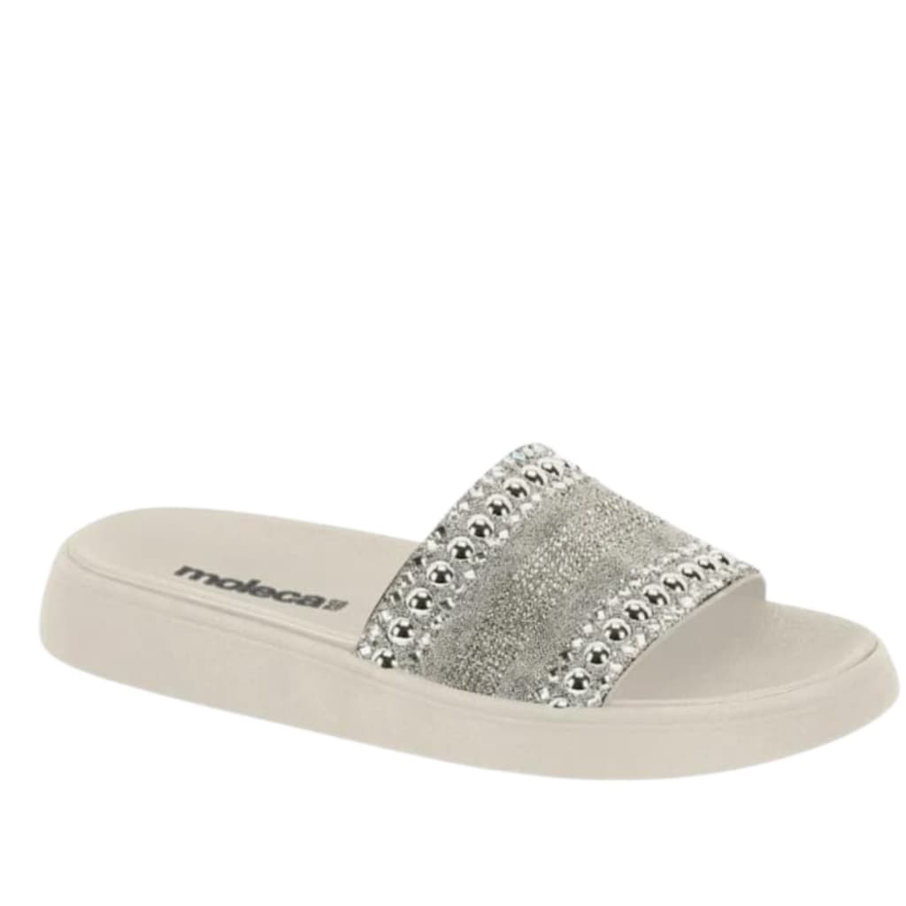 Sandália Feminino Moleca Slide 5469.141/5469.140 Com Strass Branco Off Cristal/Preto Grafite