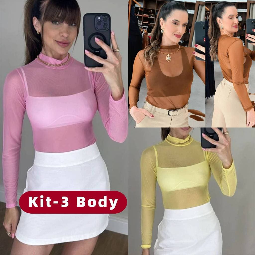 Body feminino KIT-3 Tule manga longa Bori Transparente Tendência