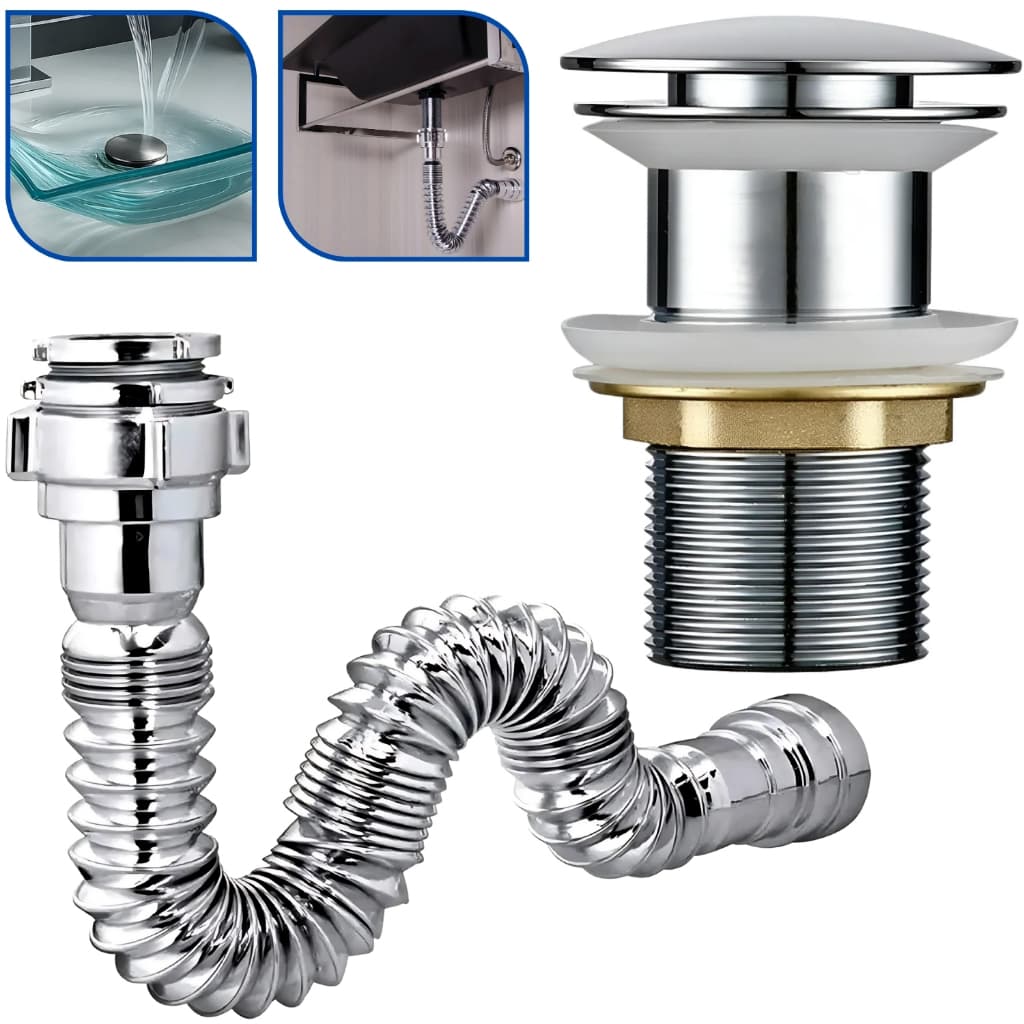 Kit Válvula Click para Banheiro/Lavatório em Bronze Aço Inox Polido 1.1/4 E Sifão Flexível Cromado