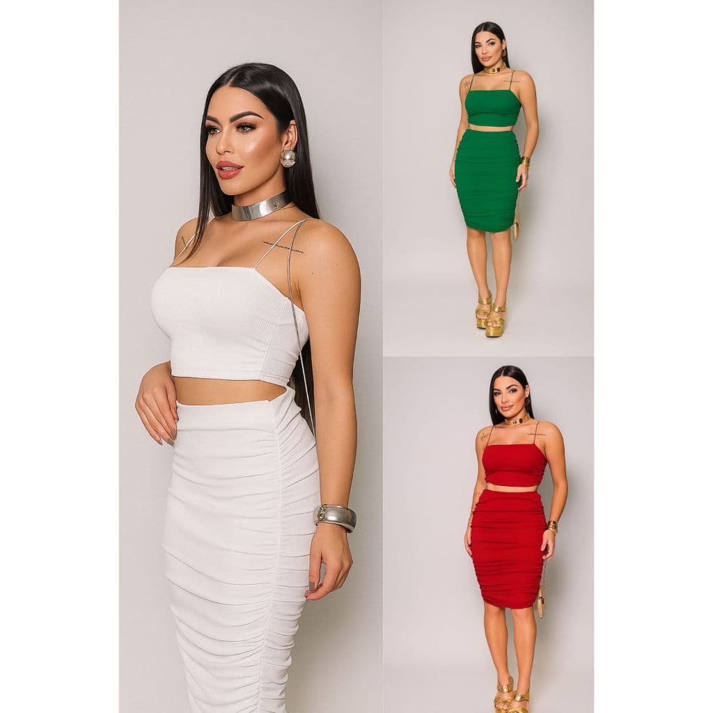 Conjunto Feminino Top + Saia Anaruga Verão Malha 2 Peças Casual