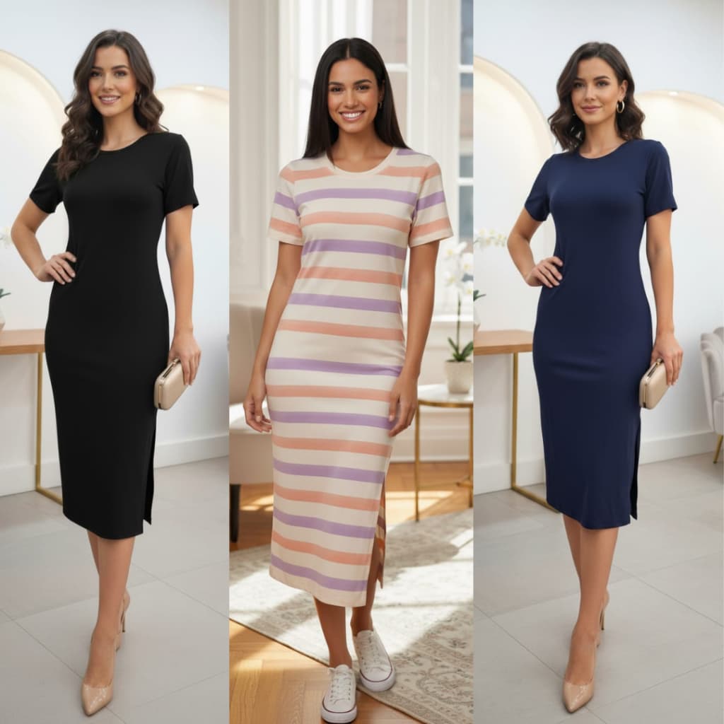 Vestido longo listrado e Liso Vestido Midi Vestido feminino Casual Tecido Confortável Viscolycra