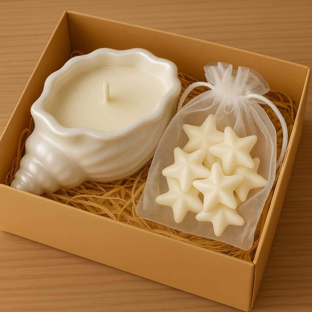 Lembrancinhas Personalizadas Vela Aromática Concha com Wax Melts Estrela, Presente Personalizado
