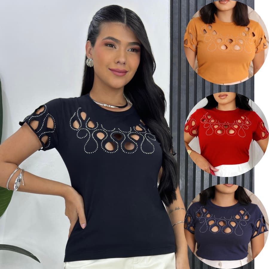 Blusa Brilho Feminina Corte a Laser com Strass Frontal em Algodão Premium Tshirt Luxo Pedraria