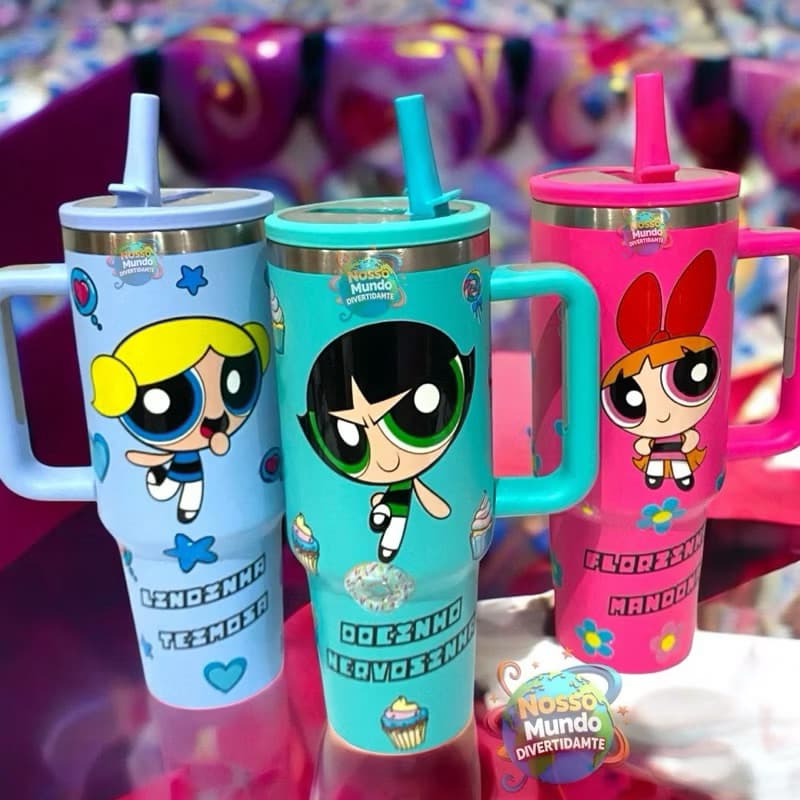 Kit 3 Copos Térmicos Canudo Reversível Meninas Super Poderosas