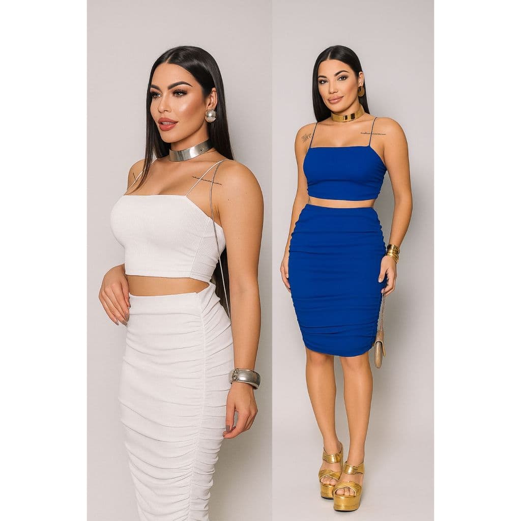Conjunto Feminino Top + Saia Drapeado Ana Ruga Verão 2 Peças Look Casual Leve e Confortável