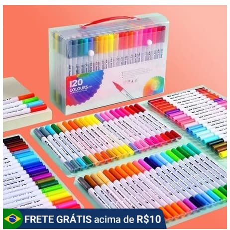 Kit 24/36/48/60/80/100/120 Cores Caneta 2 em 1 Brush Lettering e Ponta Fina Dual Pen Canetinha Colorir Desenho   LUIZA