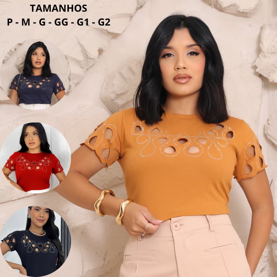 Tshirt Corte a Laser e Strass Mangas em Algodão Premium P ao G2 Varias Cores Modinha Tendencia Luxo