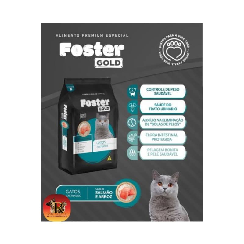 5kg a Granel, FOSTER GOLD PREMIUM ESPECIAL, gatos CASTRADOS, sabor Salmão, auxilia no combate a bolas de pelos.