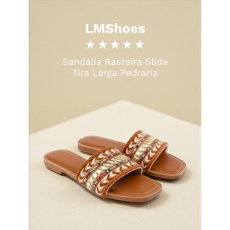 Sandália Rasteira Slide Tira Larga Pedraria Strass Brilho Artesanal Confortável