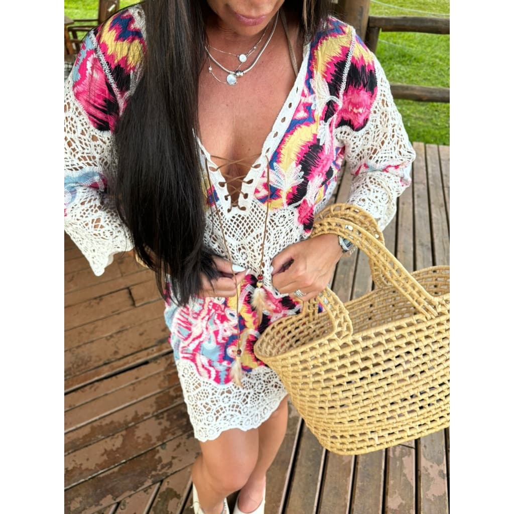 Blusão de Praia Feminina Boho Bohemian Macrame Algodão / Saida de Banho Algodão Indiana 2818