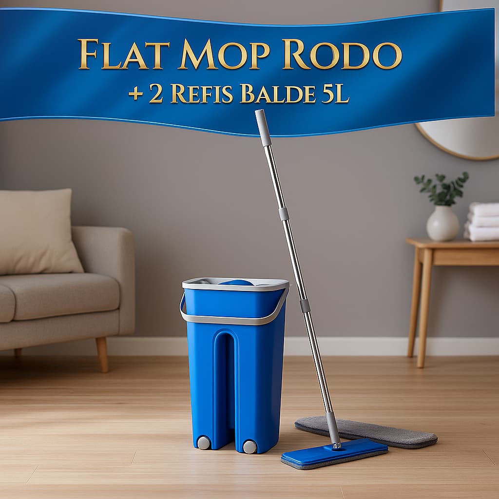 Flat Mop Rodo com 2 Refis Balde 5 Litros Lava Seca Microfibra Limpeza