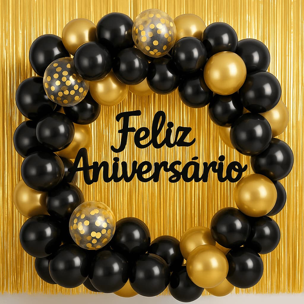 Kit Arco de Balões 117pçs “Feliz Aniversário” c/ Cortina e Letreiro – Várias Cores