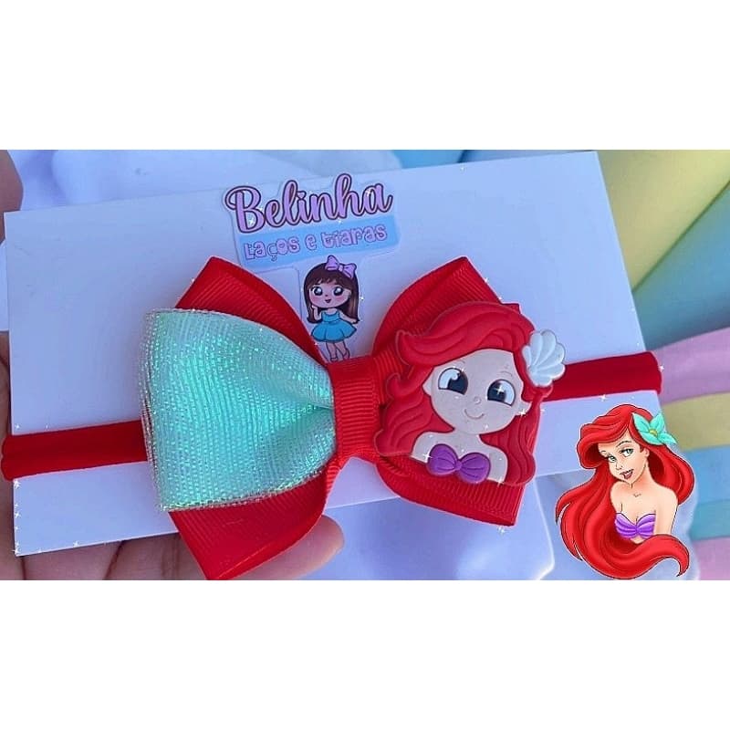 Faixinha Ariel Princesa Bebê Luxo com Laço Boutique  Faixa de Cabelo Infantil em Meia de Seda Macia