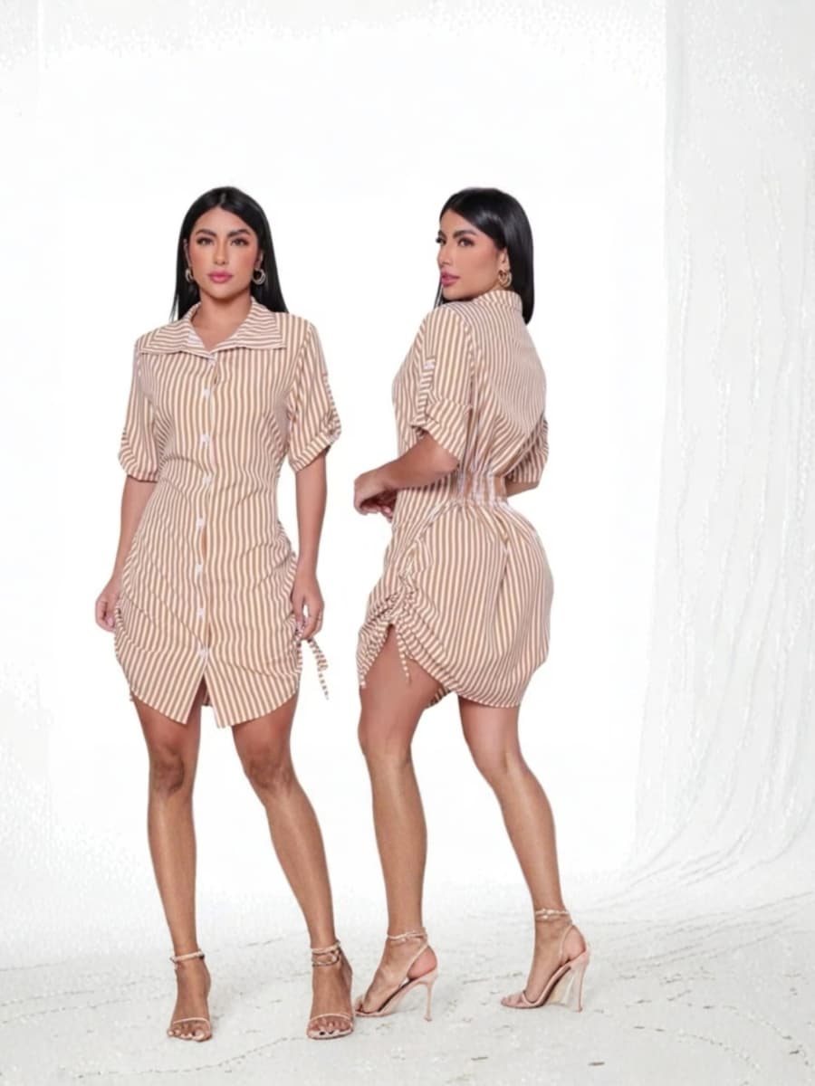 Vestido Chemise Listrado com Ajuste Lateral Look Elegante e Moderno