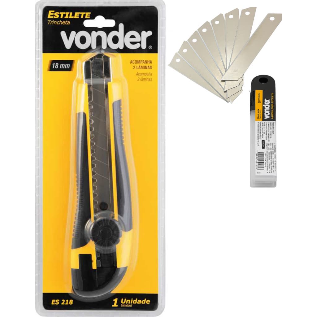 Estilete largo emborrachado ES 218 com 12 lâminas de 18 mm - Vonder
