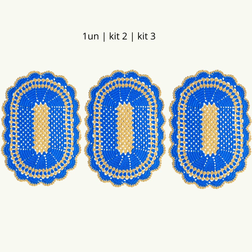 Tapete Crochê Oval Artesanal 70x45cm Azul Mostarda Banheiro Cozinha Porta