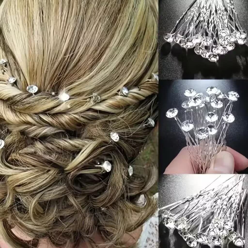 Kit 12 Grampos Enfeite Para Cabelo Penteado Coque Dourado Prateado Pedras Strass Pérola