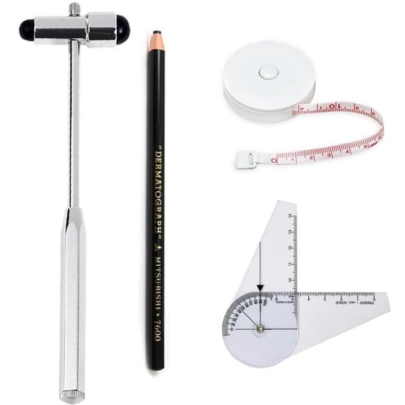 Kit Goniômetro Pequeno + Trena + Martelo Buck + Lápis Dermatográfico | Fisioterapia Enfermagem Saúde