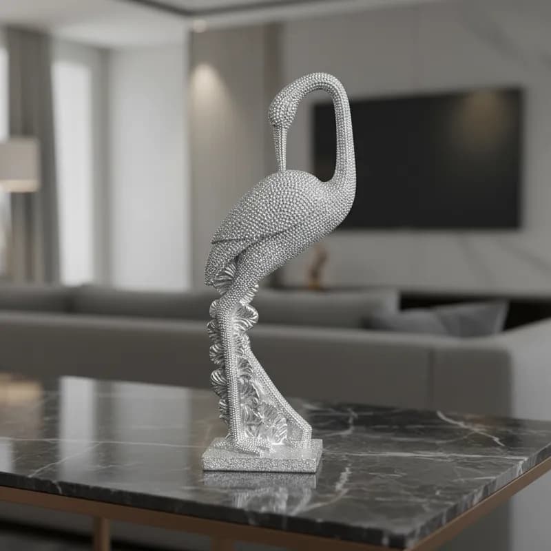 Enfeite De Resina Decorativo Garça Prateada Brilhante Luxo