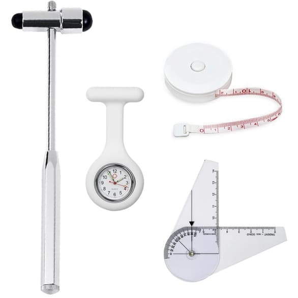 Kit Goniômetro Pequeno + Trena + Martelo Buck Inox + Relógio Lapela | Fisioterapia/Enfermagem/Saúde