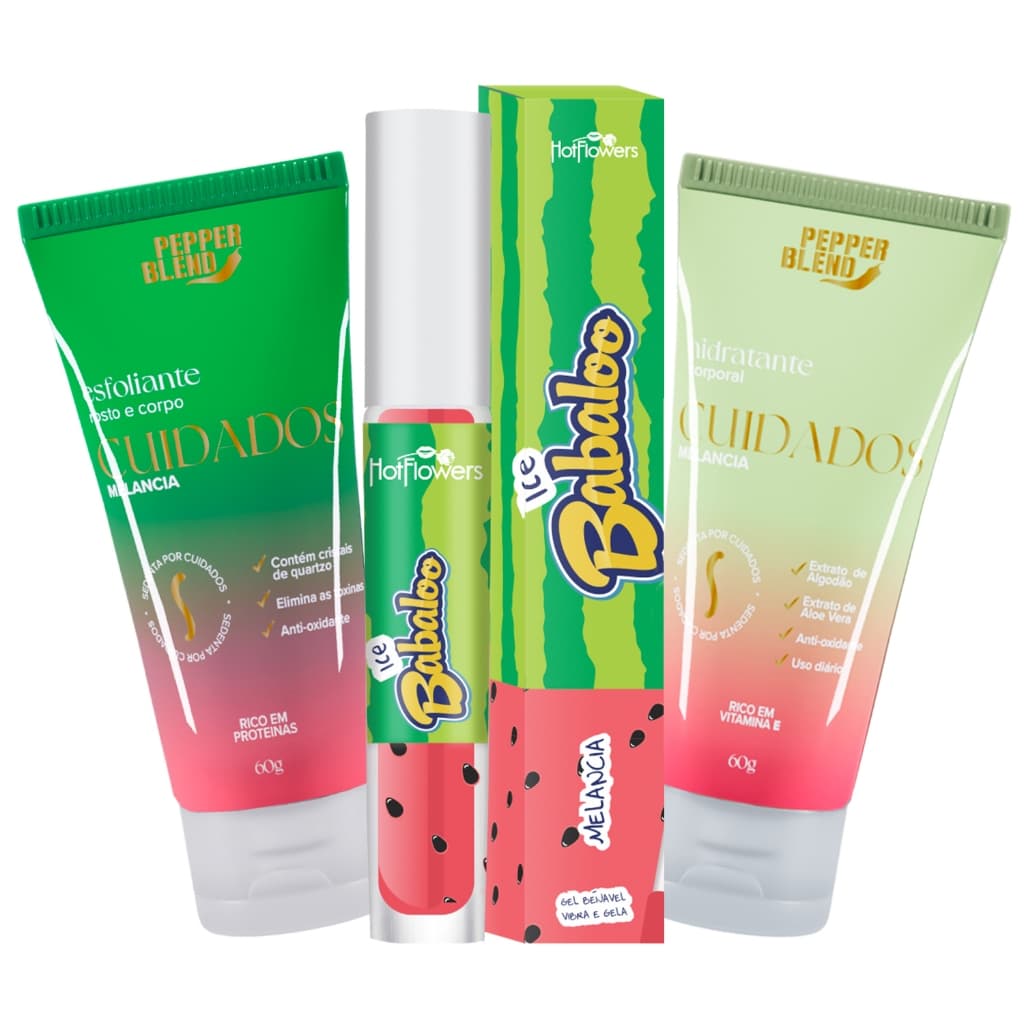 Kit Gloss Brilho Labial Ice Uva, Cereja, Tutti Frutti, Melancia, Hidratante e Esfoliante Corporal