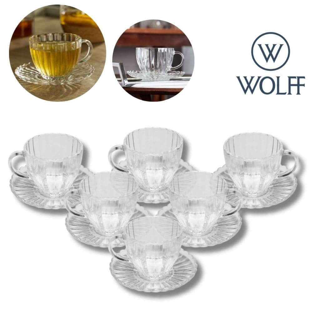 6 Xícaras De Chá Café De Vidro Com Pires 200ml Linha Pétala Wolff Incolor