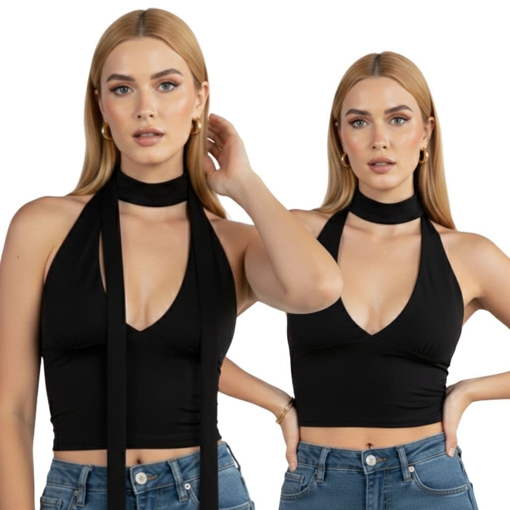 Blusa Top Cropped Com Amarraçao Multiformas Decote Festa Decotado  Forrado Moda Gringa Suplex Premium Sustentação Slim