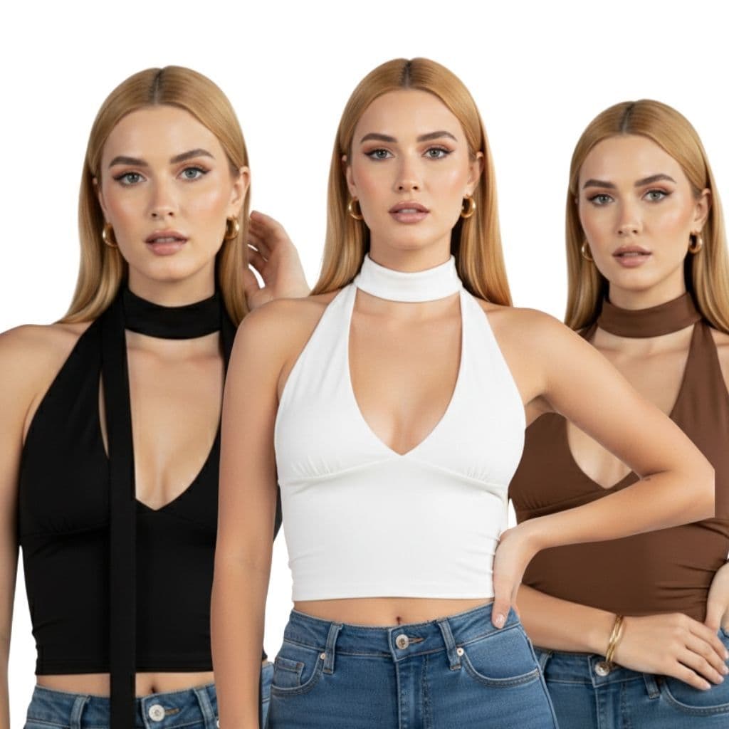 Kit 3 Cropped Amarração Blusa Com Amarração Multiformas Decote Forrado Decotado Festa Suplex Moda Gringa Blusinha