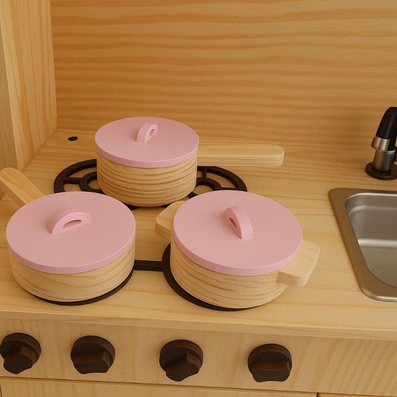 Kit de Panelinhas de Madeira Infantil Rosa Brinquedo Educativo para Cozinha Decoração