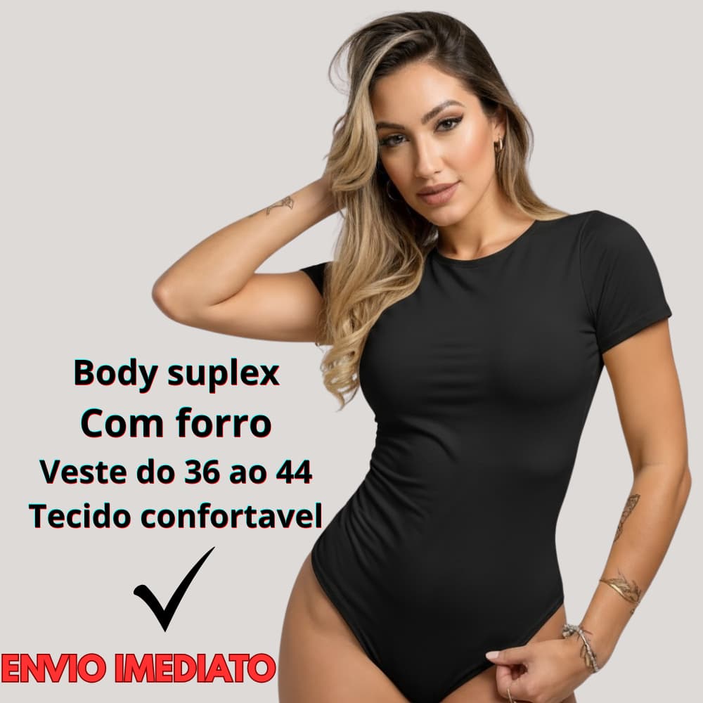 Body Feminino Suplex Com Forro Manga Curta Liso Basico  Roupa Feminina Bory Basico Colan Bodie Manga Curta Malha
