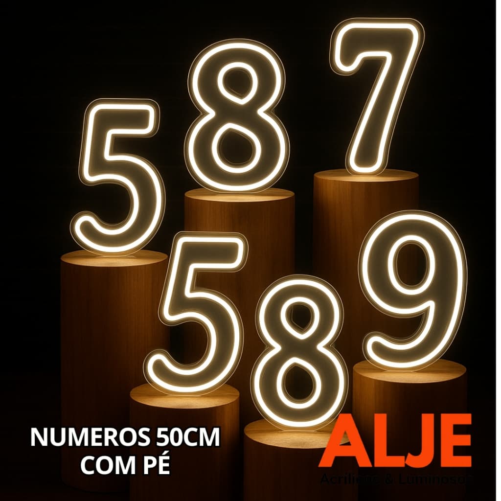 Painel Led Neon Numeros 0 a 9 Iluminção 50cm Decoração Festa Eventos Quente/Frio com pé de Chão