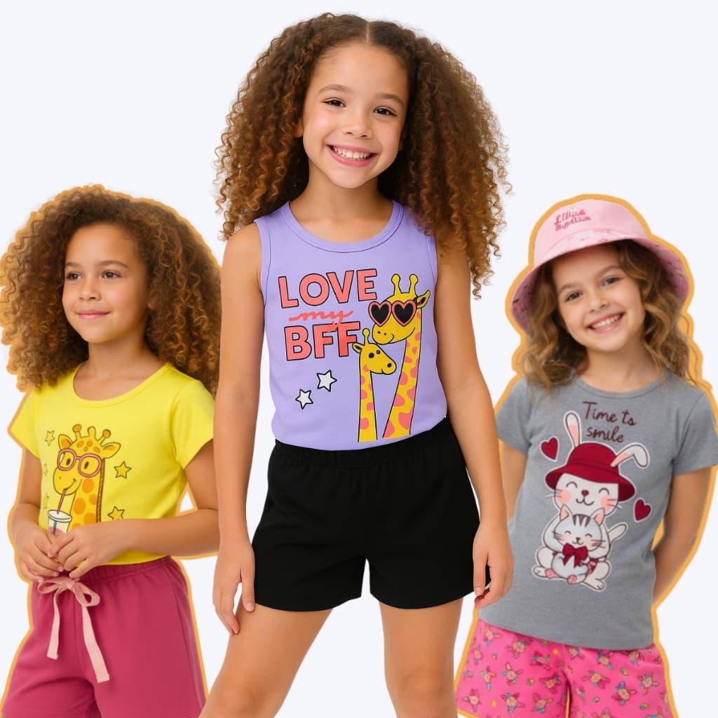 Kit 6 Peças Roupas Infantil Sortido Estampado 1 a 8 anos Camisa e Short Conjunto Verão Menina
