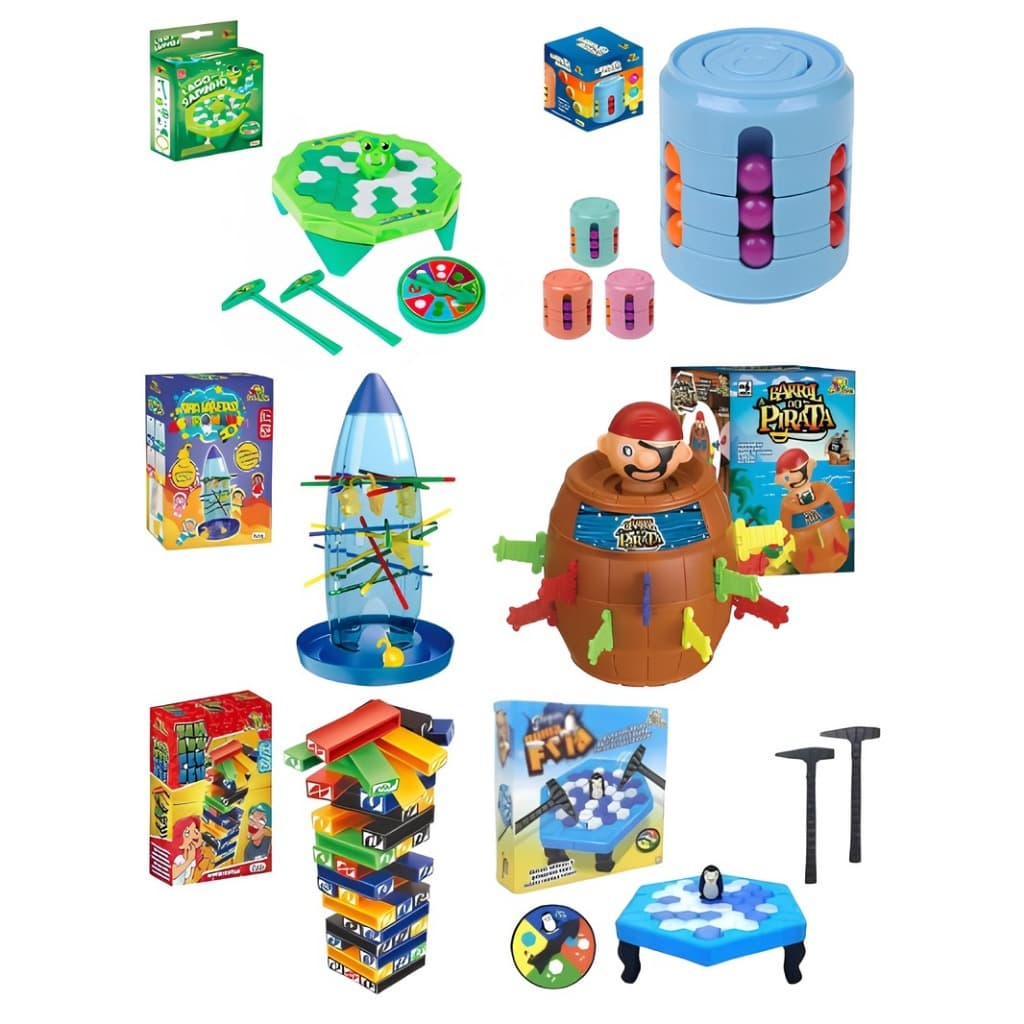 Kit Com 6 Brinquedos(Pirata+Pinguim+Tombou+Tira Vareta+Latina 4d+Mini Sapinho Quebra Gelo)