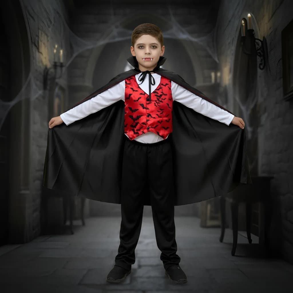 BAMBULUÁ Fantasia Halloween Inafantil Luxo Completa Vampiro Conde Dracula Morcego Dentadura + Capa