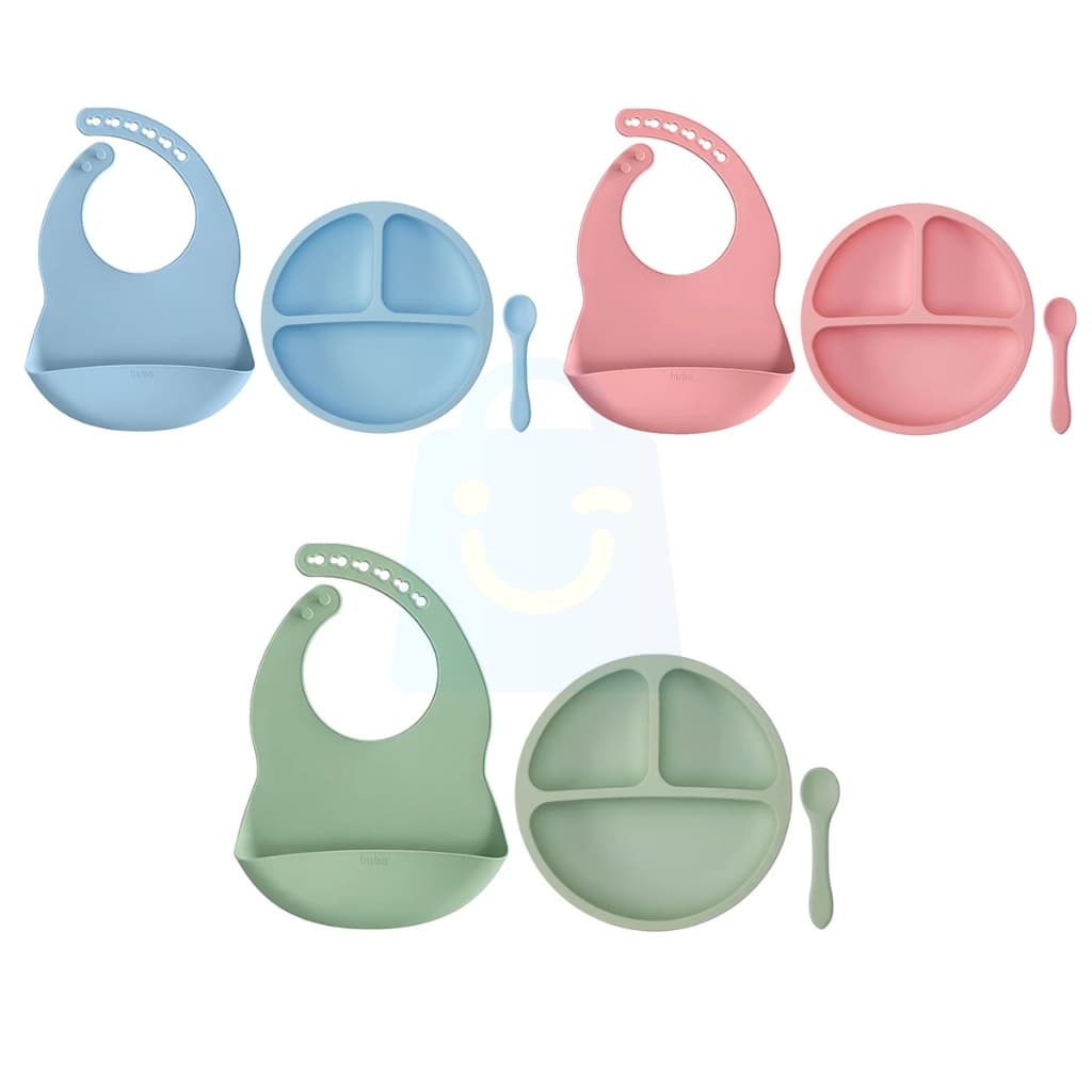 Kit Refeição Prato Ventosa Babador E Colher Silicone Buba