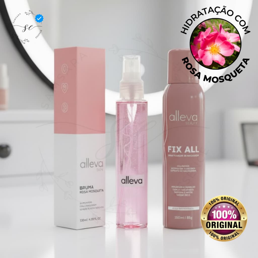 Fixador de Maquiagem + Bruma Iluminadora com Rosa Mosqueta Colágeno e Aloe Vera Fix All Alleva