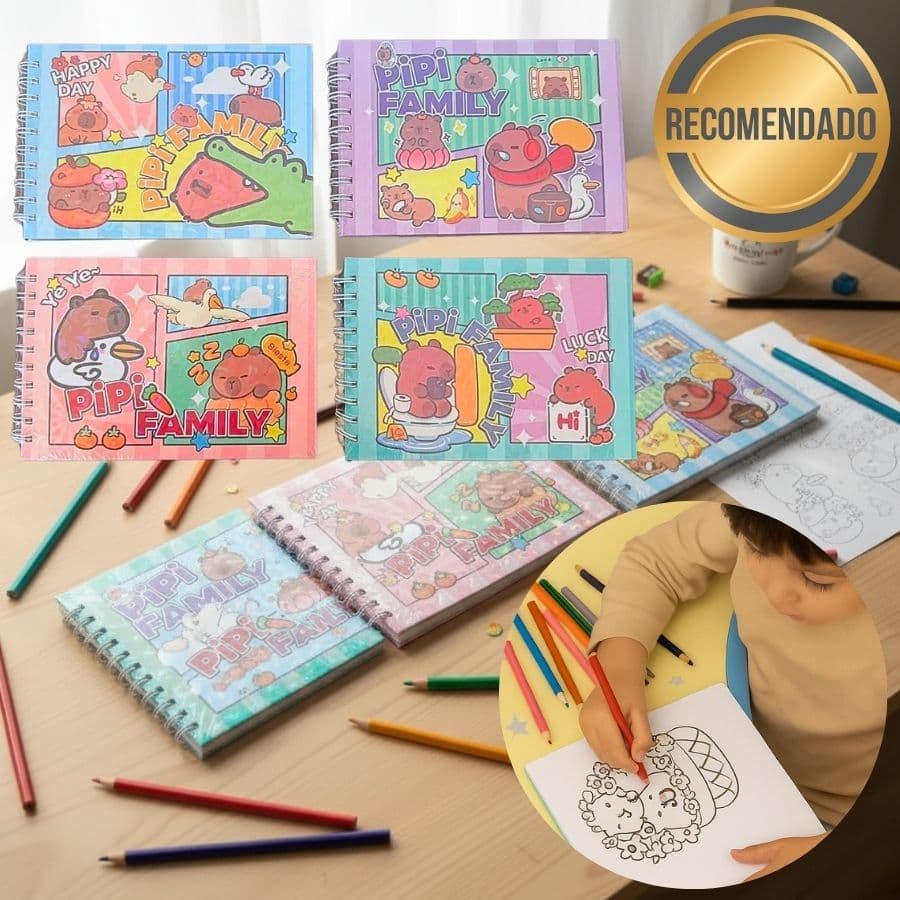 Livro de Colorir Pipi Family Capivara Kawaii Infantil Criativo Holográfico Presente Crianças Adultos
