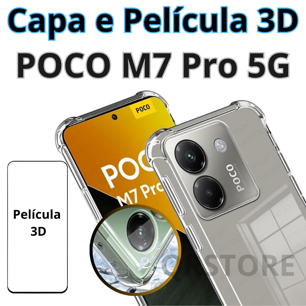 Capinha Poco M7 Pro 5G Transparente Anti - Impacto / Película 3D Brinde Kit Limpeza