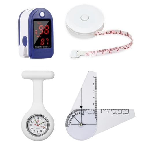 Kit Goniômetro Pequeno + Trena + Oxímetro Dedo + Relógio de Lapela | Fisioterapia/Enfermagem/Saúde