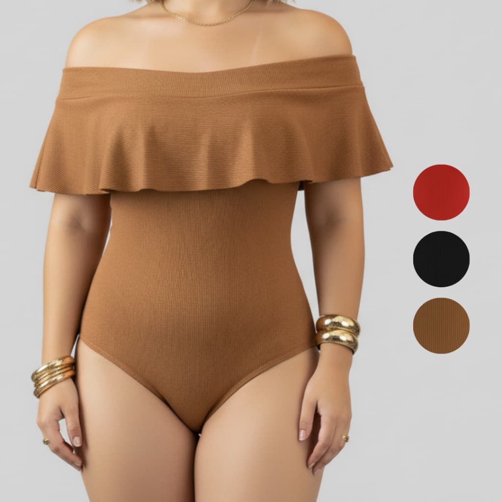 Body Estilo Ciganinha com Babado Ribana Canelada Moda Feminina Decote Ombro a Ombro