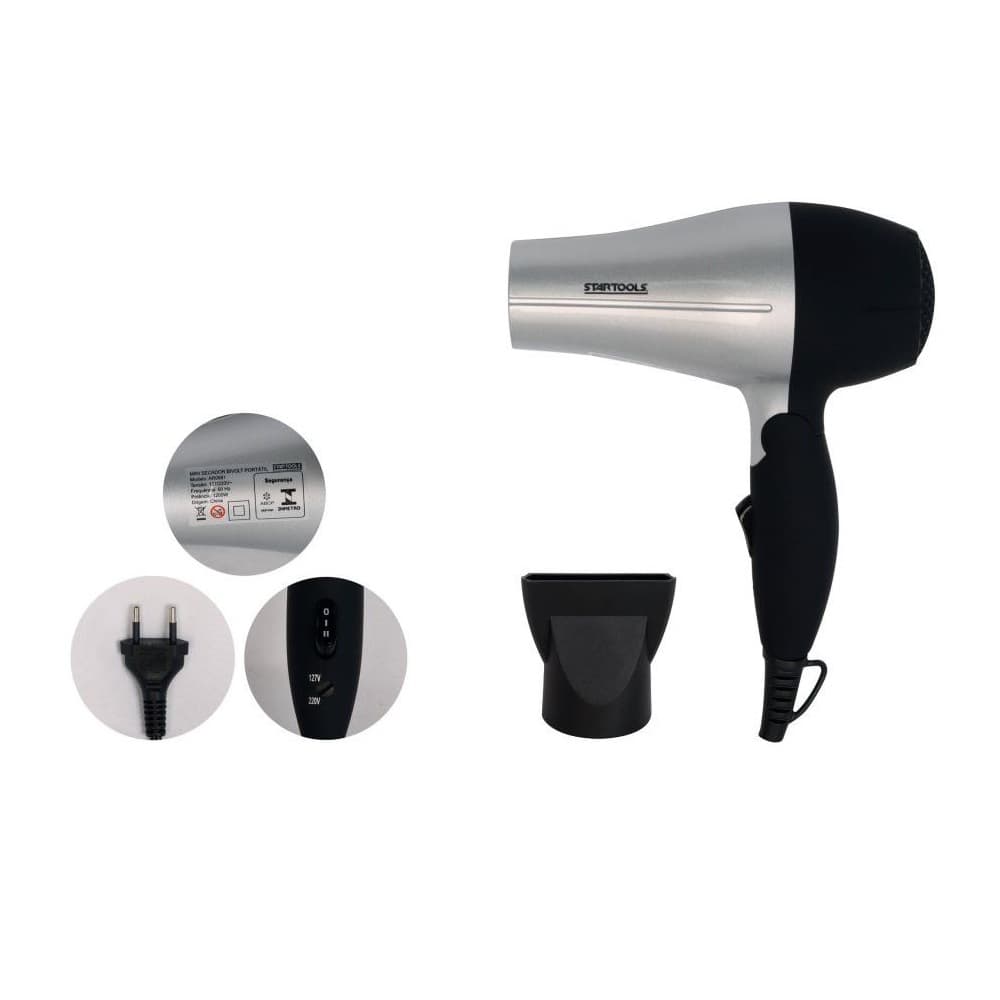 💨Secador de Cabelo Portátil 1200W Bivolt - Cinza